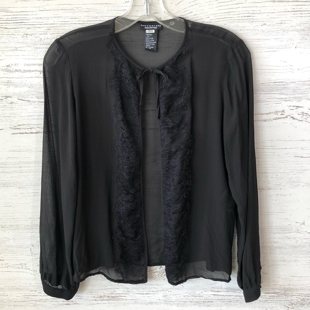 *3/$20* DONCASTER Collection 100% Silk Sheer Lace Open Blouse Black 2